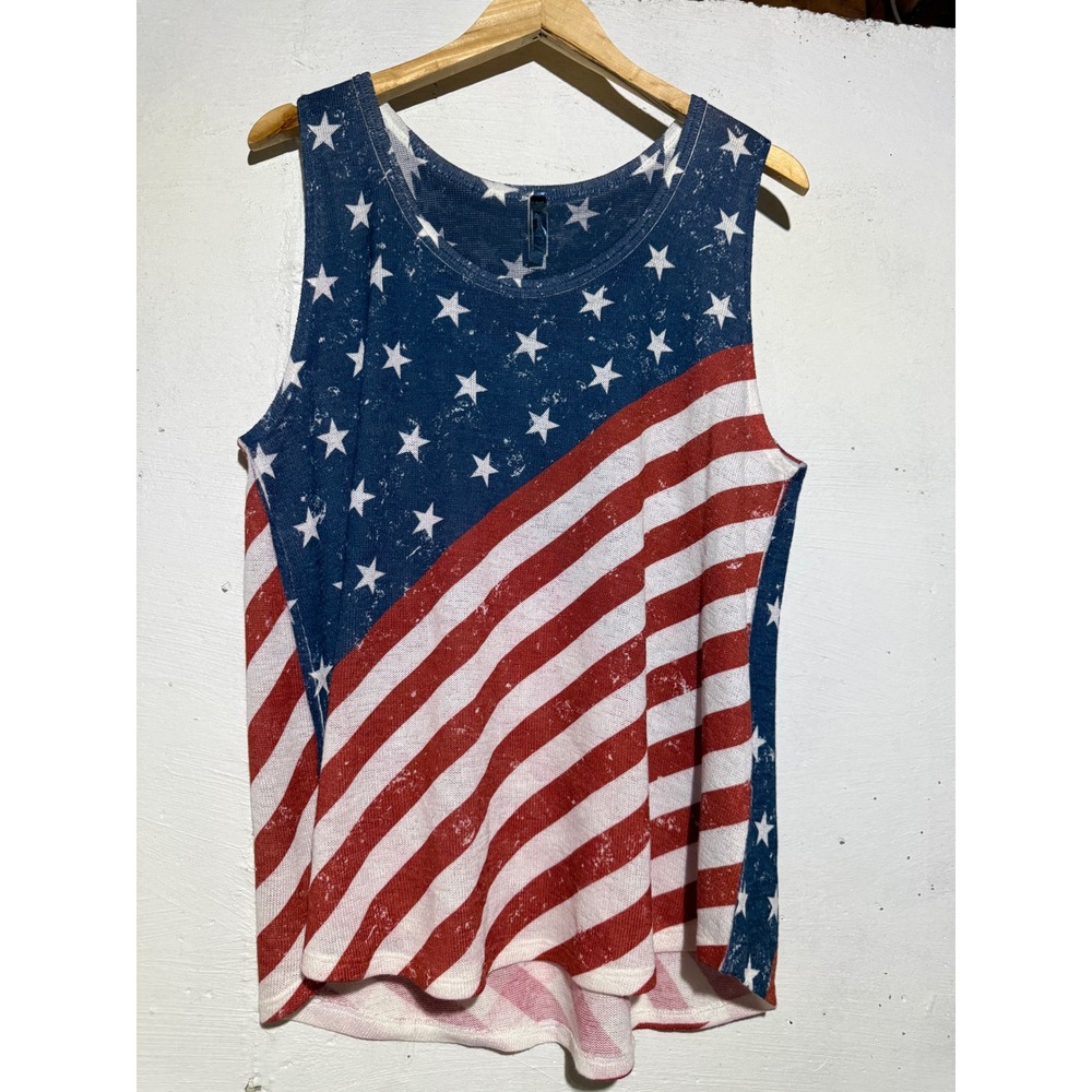 Jesse & J Womens American Flag Tank Top 1X Blue Red White Knit Patriotic USA